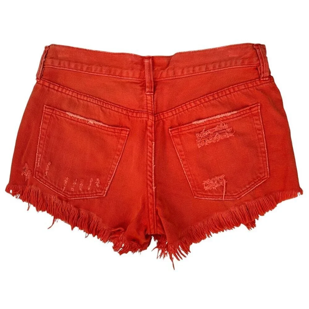 We the Free Orange Denim Distressed Cut-Off Jean Shorts Size 25 Button Fly